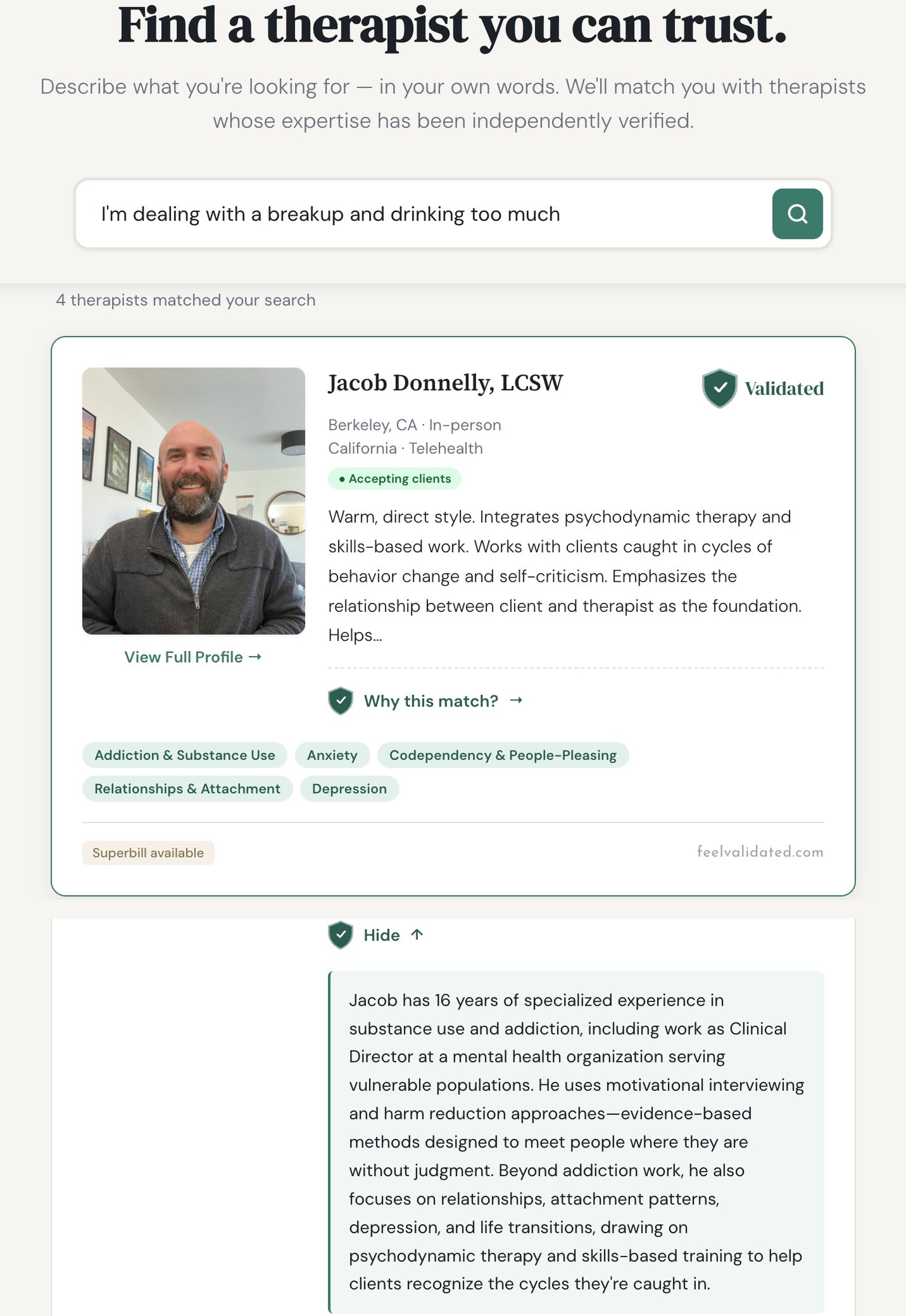A search for 'I'm dealing with a breakup and drinking too much' returns Jacob Donnelly's profile, with an expanded explanation of why he was matched based on his verified expertise in substance use and relationships.